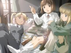  3girls bed blonde_hair bob_cut brown_eyes brown_hair bullpup dark-skinned_female dark_skin dragunov_svd gun gunslinger_girl henrietta_(gunslinger_girl) imageboard_desourced instrument_case long_hair lying multiple_girls necktie non-web_source p90 pointing rico_(gunslinger_girl) rifle short_hair sitting sniper_rifle submachine_gun triela twintails vest waistcoat weapon 