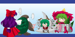  3girls akasode_(tyaramu) antennae beard blush bow commentary_request facial_hair gamera_(turtle) genjii_(touhou) green_hair hairbow hakurei_reimu hakurei_reimu_(pc-98) hat kazami_yuuka legion_(gamera) multiple_girls o_o parody purple_hair shell touhou touhou_(pc-98) white_hair wriggle_nightbug 