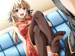  ashita_no_kimi_to_au_tame_ni black_thighhighs blonde_hair blush brown_eyes china_dress chinese_clothes couch crossed_legs dress feet female game_cg kurashima_tomoyasu long_hair no_shoes panties pantyshot sitting solo thighhighs tsukino_mai underwear white_panties 