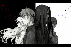  2boys 2girls bad_id bad_pixiv_id cleo_everlastin greyscale headband jan_(12885) leki long_hair lottesia_clewbustar majutsushi_orphen monochrome multiple_boys multiple_girls orphen uys_els_ito_egum_ed_gorgon 