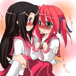  2girls black_hair blush buuwa carrying commentary_request glasses green_eyes kobayakawa_yutaka long_hair looking_at_another lowres lucky_star multiple_girls neckerchief open_mouth pink_neckerchief princess_carry red_eyes red_hair ryouou_school_uniform school_uniform serafuku short_twintails skirt tamura_hiyori twintails yuri 