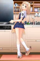  after_(game) after_sweet_kiss apron bell_pepper blonde_hair bow brown_eyes cooking cup female flower from_behind frying_pan green_pepper hairband highres kitchen kneehighs kneepits legs long_legs looking_back miniskirt mug open_mouth plaid plaid_apron plaid_skirt pleated_skirt school_uniform serafuku skirt slippers smile socks solo spatula takawashi_nagisa thighs tony_taka 