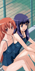  2girls blue_eyes blue_hair imo_works kashii_nanako kihara_maya long_hair multiple_girls one-piece_swimsuit photoshop_(medium) red_hair school_swimsuit sitting swimsuit toradora! 