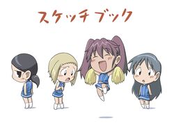  4girls asou_natsumi black_hair blonde_hair blue_hair cheerleader chibi closed_eyes commentary_request jumping kajiwara_sora kuga_kokage long_hair mirakichi multiple_girls panties pantyshot ponytail purple_hair short_hair sketchbook_full_colors smile torikai_hazuki twintails underwear 