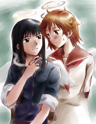  2girls angel artist_request black_hair brown_hair cigarette haibane_renmei halo long_hair multiple_girls rakka_(haibane) reki_(haibane) sailor_collar short_hair sleeves_rolled_up smoking static_cling wings 