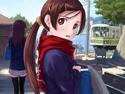  2girls bag brown_eyes brown_hair building day enoshima enoshima_electric_railway gagraphic hair_ornament hairclip imageboard_desourced kamakura_(city) long_hair multiple_girls naruko_hanaharu non-web_source outdoors plaid plaid_skirt railroad_tracks real_world_location red_scarf road_sign scarf school_uniform sign skirt tears thighhighs train tree twintails utility_pole zettai_ryouiki 