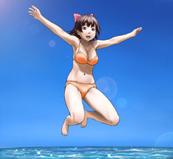  :d aoi_minamo armpits barefoot bikini bow breasts brown_eyes brown_hair cleavage commentary_request day female jumping large_breasts lens_flare minazuki_tsuyuha open_mouth orange_bikini outstretched_arms pink_bow real_drive short_hair smile solo spread_arms swimsuit water 