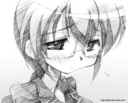  commentary_request female glasses gofu greyscale hasegawa_suzuho magician&#039;s_academy monochrome necktie ponytail sad sketch solo traditional_media 