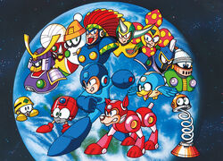  6+boys :o arm_cannon armor artist_request beat_(mega_man) bird blizzard_man blue_eyes blue_headwear canine centaur_man clenched_teeth cross earth_(planet) eddie_(mega_man) everyone facial_mark fake_horns flame_man flower flying frown gem green_eyes hat headdress helmet highres horned_helmet horns japanese_armor knight_man male_focus mega_buster mega_man_(character) mega_man_(classic) mega_man_(series) mega_man_6 met_(mega_man) multiple_boys native_american_headdress no_humans non-humanoid_robot official_art open_mouth planet plant_man red_cross red_eyes robot robot_animal robot_dog rush_(mega_man) sky smirk space spring_(object) star_(sky) starry_sky teeth tomahawk_man turban upper_teeth_only weapon wind_man yamato_man 