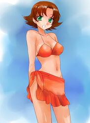  bad_id bad_pixiv_id bikini breasts brown_hair cleavage commentary_request female green_eyes gundam gundam_seed medium_breasts midriff miriallia_haw navel orange_bikini orange_sarong sarong short_hair solo swimsuit tooru_jin 