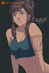  1girls art_with_a_side_of_fries avatar_the_last_airbender awasof blue_bra bra breasts brown_skin dark-skinned_female dark_skin female female_only fully_clothed korra medium_breasts naked nickelodeon solo sports_bra straight_hair tattoo the_legend_of_korra 