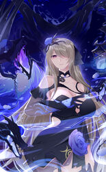  7t absurdres armpit_peek bare_shoulders black_dress blue_flower blue_rose breasts closed_mouth cowboy_shot dress elbow_gloves female flower gloves hair_flower hair_ornament hair_over_one_eye hair_ribbon highres honkai_(series) honkai_impact_3rd large_breasts long_hair looking_at_viewer platinum_blonde_hair purple_eyes ribbon rita_rossweisse rita_rossweisse_(fallen_rosemary) rose smile solo tattoo very_long_hair 