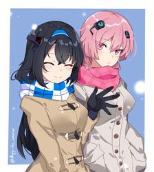  2girls absurdres black_hair closed_eyes girls&#039;_frontline gloves hair_ornament hairband highres long_hair mole mole_under_eye multiple_girls ntw-20_(girls&#039;_frontline) ntw-20_(mod3)_(girls&#039;_frontline) pink_eyes pink_hair scarf super_sass_(girls&#039;_frontline) super_sass_(mod3)_(girls&#039;_frontline) vanna waving winter_clothes winter_gloves 