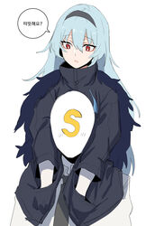  1boy absurdres banssee black_necktie blue_hair blue_jacket carrying commander_(girls&#039;_frontline) female fur-trimmed_jacket fur_collar fur_trim girls&#039;_frontline hairband hand_in_pocket highres jacket korean_text long_hair looking_down necktie red_eyes s-head_commander shirt shoulder_carry thunder_(girls&#039;_frontline) translated white_background white_shirt 