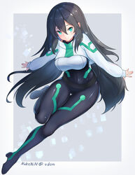  belt black_hair bodysuit breasts commentary covered_navel cropped_jacket female full_body green_eyes gundam gundam_build_divers gundam_build_divers_re:rise high_heels long_hair may_(gundam_build_divers_re:rise) medium_breasts nukenin skin_tight solo twitter_username very_long_hair 