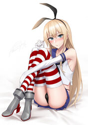  1boy animal_ears ass bangs bed_sheet black_hairband black_panties blonde_hair blush bulge commentary crop_top crossdressing crossed_legs elbow_gloves eyebrows_visible_through_hair eyelashes fake_animal_ears flat_chest gloves grey_eyes grey_footwear hair_between_eyes hairband high_heels highleg highleg_panties highres kantai_collection knees_to_chest legs long_hair looking_at_viewer microskirt otoko_no_ko panties rule_63 sailor_collar shijiu_(adamhutt) shimakaze-kun shimakaze_(kantai_collection) shiny shiny_hair sidelocks signature simple_background sitting skirt sleeveless solo striped striped_legwear thighhighs thong underwear white_background white_gloves 