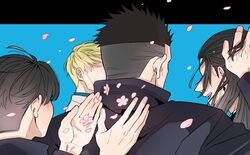  4boys arm_up black_hair black_jacket blonde_hair blue_background blush ear_piercing facing_away falling_petals getou_suguru haibara_yu hand_on_another&#039;s_head hands_up high_collar highres jacket jujutsu_kaisen long_sleeves male_focus mochiya_(mochiya0504) multiple_boys nanami_kento open_mouth petals piercing short_hair simple_background smile upper_body yaga_masamichi 