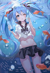  absurdres air_bubble animal bad_id bad_twitter_id black_skirt blue_eyes blue_hair bottle bottle_miku breasts bubble commentary crop_top crop_top_overhang female fish freediving goldfish hair_ribbon hands_up hatsune_miku highres holding holding_bottle long_hair looking_at_viewer lotpi medium_breasts midriff miniskirt navel one_eye_closed parted_lips ribbon sailor_collar school_of_fish shirt short_sleeves skirt solo stomach thighs twintails underwater very_long_hair vocaloid water water_bottle white_shirt 