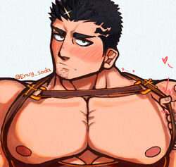  1boy alternate_facial_hair bad_id bad_tumblr_id bara bare_pectorals blush chest_harness cross embarrassed envysoda facial_hair goatee harness large_pectorals looking_at_viewer male_focus mature_male muscular muscular_male nipples official_alternate_costume pectoral_focus pectorals pulling_another&#039;s_clothes short_hair sideburns solo_focus stubble thick_eyebrows tokyo_afterschool_summoners upper_body zabaniyya_(fashionista_swimsuit)_(housamo) zabaniyya_(housamo) 