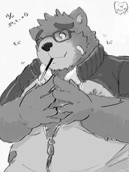  absurd_res bandage bear blush buta5kawa embarrassed eyewear food glasses hi_res japanese_text lifewonders male mammal monochrome pocky simple_background slightly_chubby sound_effects text tokyo_afterschool_summoners volos_(tas) 