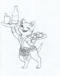  absurd_res ambiguous_gender belt beverage blush bottle capcom claws clothed clothing container cup feet felid felyne feral food go_(food) hi_res lynian mammal monster_hunter one_eye_closed rope smile solo standing tail traditional_media_(artwork) waiter waiter_tray wink yang_(artist) 