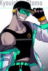  1boy :d alternate_costume bandaid bandaid_on_face bandaid_on_nose bara baseball_cap black_hair black_tank_top cowboy_shot dark-skinned_male dark_skin facial_hair fujishima_kazuya goatee grin hat highres jacket kyoichi_(live_a_hero) live_a_hero male_focus midriff_peek muscular muscular_male off_shoulder open_clothes open_jacket pectoral_cleavage pectorals short_hair sidepec single_bare_shoulder smile solo tank_top thick_eyebrows 