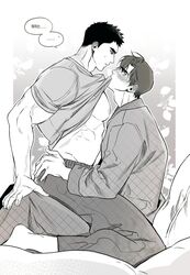  2boys bara bare_pectorals bed beware_the_ides_of_march biceps blush chlthd_990 clothes_in_mouth clothes_lift coat couple greyscale hand_on_knees hand_on_own_hip highres hug kim_nak-won korean_commentary large_pectorals lifting_another&#039;s_clothes looking_at_viewer male_focus manly mature_male monochrome mouth_hold multiple_boys muscular muscular_male nipples on_bed pants park_mok-hwa pectorals pillow shirt shirt_in_mouth shirt_lift short_hair sitting sitting_on_person speech_bubble sweat sweatdrop yaoi 