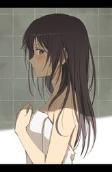  bare_arms bare_shoulders black_hair blush breasts closed_mouth commentary_request female from_side green_eyes hair_between_eyes hand_up highres jchoy letterboxed long_hair looking_at_viewer looking_to_the_side naked_towel original profile small_breasts solo tile_wall tiles towel upper_body 