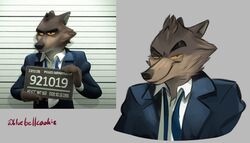  2021 3d_(artwork) anthro blue_clothing blue_necktie blue_topwear bluebellcookie brown_body brown_fur canid canine canis cheek_tuft clothing digital_media_(artwork) digital_painting_(artwork) dreamworks facial_tuft frown fur grey_background head_tuft male male_anthro mammal mr._wolf_(the_bad_guys) narrowed_eyes necktie shirt signature simple_background smile smirk solo tan_body tan_fur the_bad_guys topwear tuft untied_necktie white_clothing white_shirt white_topwear wolf yellow_eyes 