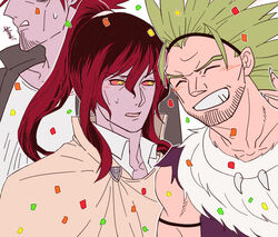  3boys blush brothers colored_skin facial_hair fur_trim gannen_harst glalda green_hair hairband hatsune_(leaden_heart07) multiple_boys ponytail purple_skin red_hair short_hair siblings smile spiked_hair stubble the_saga_of_darren_shan vancha_march yellow_eyes 