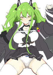  absurdres bag banssee black_choker black_jacket black_necktie black_ribbon black_skirt blush bow bow_panties breasts choker clothes_lift collarbone female girls&#039;_frontline green_hair hair_ribbon hand_up highres jacket large_breasts long_hair looking_at_viewer m950a_(girls&#039;_frontline) m950a_(mod3)_(girls&#039;_frontline) necktie on_floor panties ribbon shirt sitting skirt skirt_lift solo thighhighs thighs twintails underwear white_background white_panties white_shirt white_thighhighs yellow_eyes 