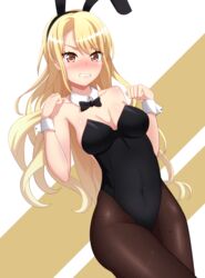  animal_ears baek_hyang&#039;geum bang_dream! black_bow black_bowtie black_leotard black_pantyhose blonde_hair blush bow bowtie breasts brown_eyes cleavage clenched_teeth detached_collar female highres kirigaya_toko leotard long_hair looking_at_viewer medium_breasts moire nose_blush pantyhose playboy_bunny rabbit_ears solo strapless strapless_leotard teeth wavy_hair wrist_cuffs 