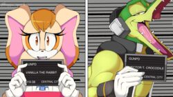  16:9 2023 anthro barbie_and_ken_mugshot_meme clothing crocodile crocodilian crocodylid dipstick_ears duo ear_markings electronics english_text eyelashes female gloves hair handwear headphones kappa_spark lagomorph leporid male mammal meme mugshot multicolored_ears open_mouth rabbit redraw reptile scalie sega sonic_the_hedgehog_(series) teeth text tongue vanilla_the_rabbit vector_the_crocodile white_clothing white_gloves white_handwear widescreen 