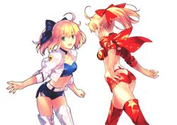  2girls absurdres ahoge artoria_pendragon_(fate) belt blonde_hair blue_bow blue_shorts boots bow breasts butt_crack cleavage collarbone crop_top fate/extra fate/unlimited_codes fate_(series) green_eyes hairbow hand_on_own_hip highres jacket long_hair looking_at_viewer medium_breasts midriff multiple_girls navel nero_claudius_(fate) nero_claudius_(fate/extra) nero_claudius_(type-moon_racing)_(fate) non-web_source official_alternate_costume open_clothes open_jacket ponytail red_bow red_footwear red_jacket red_shorts saber_(fate) saber_(type-moon_racing)_(fate) scan short_shorts shorts simple_background smile stomach strapless takeuchi_takashi thigh_boots thighhighs tube_top white_background white_footwear white_jacket 