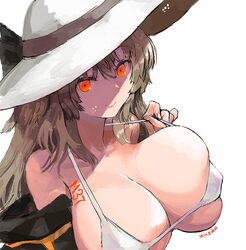  artist_name bikini bikini_top_only black_jacket blonde_hair breasts e.de.n female girls&#039;_frontline hair_between_eyes hat huge_breasts jacket jacket_over_swimsuit long_hair looking_at_viewer m37_(girls&#039;_frontline) m37_(summer_parader)_(girls&#039;_frontline) official_alternate_costume red_eyes smile solo sun_hat swimsuit white_background white_bikini white_hat 