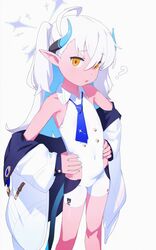  ? absurdres ahoge blue_archive blue_hair coat female flat_chest grey_background halo hands_on_own_hips highres hip_vent horns jiryu50610218 long_hair long_sleeves looking_at_viewer multicolored_hair off_shoulder open_clothes open_coat orange_eyes parted_lips pointy_ears simple_background solo sumomo_(blue_archive) two-tone_hair two_side_up unitard very_long_hair white_hair white_unitard 