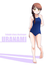  absurdres arms_behind_back barefoot blue_one-piece_swimsuit braid brown_hair character_name collarbone competition_school_swimsuit female full_body hair_over_shoulder highres kantai_collection long_hair one-piece_swimsuit school_swimsuit shadow simple_background single_braid solo sosser standing swimsuit uranami_(kancolle) white_background yellow_eyes 