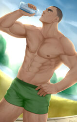  1boy abs absurdres bara biceps bottle bulge buzz_cut cowboy_shot drinking dutch_angle feiya6022 green_male_underwear hand_on_own_hip hand_up highres large_pectorals leg_hair male_focus male_underwear mature_male muscular muscular_male navel nipples original outdoors pectorals short_hair sideburns solo stomach sunlight thick_thighs thighs topless_male underwear underwear_only very_short_hair water_bottle 