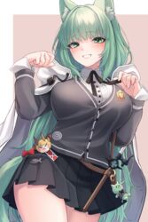  absurdres animal_ear_fluff animal_ears arknights belt black_skirt blush breasts brown_belt cape cardigan cat_ears commentary cowboy_shot female green_eyes green_hair grey_cardigan grin hands_up harmonie_(arknights) highres large_breasts long_hair looking_at_viewer miniskirt nameko_houshi pleated_skirt shirt skirt smile solo standing thighs very_long_hair white_cape white_shirt 