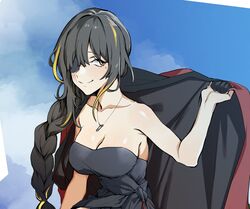  banssee black_dress black_hair blue_sky blush braid braided_ponytail breasts brown_eyes cleavage cloak collarbone dress eyepatch female girls&#039;_frontline jacket jewelry long_hair looking_at_viewer m16a1_(girls&#039;_frontline) medium_breasts mole mole_under_eye multicolored_hair necklace red_cloak red_jacket scar scar_across_eye scar_on_face simple_background sky smile solo source_request tight_clothes tight_dress 