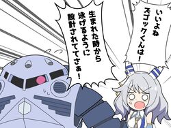  :o anger_vein animal_ears collared_shirt commentary crossover detached_sleeves ear_covers emphasis_lines female grey_hair gundam hair_ornament highres hishi_miracle_(umamusume) horse_ears horse_girl kudan_(kudan4429) looking_at_another looking_back mecha medium_hair mobile_suit_gundam neck_ribbon o_o ribbon robot shirt translated umamusume upper_body z&#039;gok 