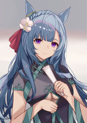  absurdres alternate_costume animal_ears blue_hair china_dress chinese_clothes clothing_cutout commentary_request dress female gradient_background grey_background highres horse_ears horse_girl long_hair looking_at_viewer mejiro_ardan_(umamusume) purple_eyes smile solo swept_bangs umamusume underboob_cutout upper_body watage_tanpopo 