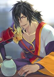  1boy :d black_hair bottle commentary_request hair_over_one_eye isa_(peien516) long_hair long_sleeves looking_at_viewer low_ponytail male_focus open_mouth orange_eyes rokurou_rangetsu sitting smile solo tales_of_(series) tales_of_berseria 