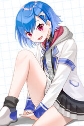  :d armband bare_legs black_shirt black_skirt black_socks blue_hair blue_necktie chinese_commentary collared_shirt commentary_request dolphin_hair_ornament drawstring female grey_hoodie hair_between_eyes hair_ornament highres hood hood_down hoodie interlocked_fingers jacket knee_up long_sleeves looking_at_viewer necktie nijisanji nishizono_chigusa nishizono_chigusa_(1st_costume) oerba_yun_fang open_clothes open_jacket open_mouth own_hands_together pleated_skirt qi&#039;e_(penguin) red_eyes school_uniform selene_girls_school_uniform shirt shoes sitting skirt smile socks solo virtual_youtuber white_background white_footwear white_jacket 