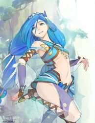  armpits bare_shoulders blue_hair blush breasts commentary_request crown dana_(ys) detached_sleeves female grin leg_up long_hair masato_(mirai_koubou) navel outdoors sandals see-through smile solo twintails underboob very_long_hair ys ys_viii_lacrimosa_of_dana 