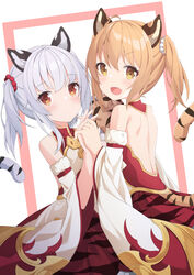  2girls :d absurdres ahoge animal_ears bai_(granblue_fantasy) blush brown_eyes detached_sleeves dress erune granblue_fantasy grey_hair highres holding_hands huang_(granblue_fantasy) light_brown_hair looking_at_viewer lr_(last_remote_514) medium_hair multiple_girls oerba_yun_fang red_dress siblings simple_background sisters smile tail twins twintails white_dress wide_sleeves yellow_eyes 