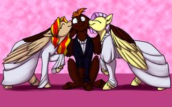  16:10 black_tie_(suit) closed_eyes clothed clothed_feral clothing dandelion_dreams dress equid equine feathered_wings feathers female feral fetlocks ffm foxenawolf fur goldfur&#039;s_cogsverse green_eyes group hair hasbro hooves kissing male male/female mammal multicolored_hair my_little_pony mythological_creature mythological_equine mythology orange_hair pegasus pink_hair red_body red_fur smile suit summer_storm_(goldfur) trio two_tone_hair using_wings wedding_dress whirring_cogs widescreen wing_hug wings yellow_body yellow_fur 