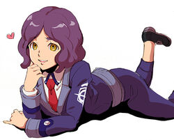  1boy commentary_request danball_senki_wars heart lying male_focus mappy_(manhole_opener) necktie on_stomach open_mouth photoshop_(medium) purple_hair red_necktie school_uniform simple_background smile solo tachimori_koyomi white_background yellow_eyes 