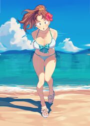  :o aqua_bikini aqua_bow arms_behind_back beach bead_necklace beads bikini blush bow bow_bikini breasts brown_hair cleavage cloud commentary_request day eyebrows female flip-flops flower full_body genderswap_(mtf) hair_flower hair_ornament halterneck hibiscus jewelry komatsuda_shuusaku large_breasts leaning_forward long_hair looking_at_viewer necklace ocean outdoors parted_bangs ponytail rakudai_ninja_rantarou red_flower rule_63 sandals shadow side-tie_bikini_bottom sky solo standing standing_on_one_leg straight-on string_bikini swimsuit thigh_gap white_bikini wind yunion_(sibujya) 