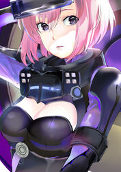  119 black_eyes breasts cleavage commentary_request fate/grand_order fate_(series) female hair_between_eyes looking_at_viewer lord_camelot_(fate) mash_kyrielight mash_kyrielight_(ortenaus) medium_breasts open_mouth partial_commentary pink_hair pixiv_fate/grand_order_contest_2 short_hair solo upper_body 